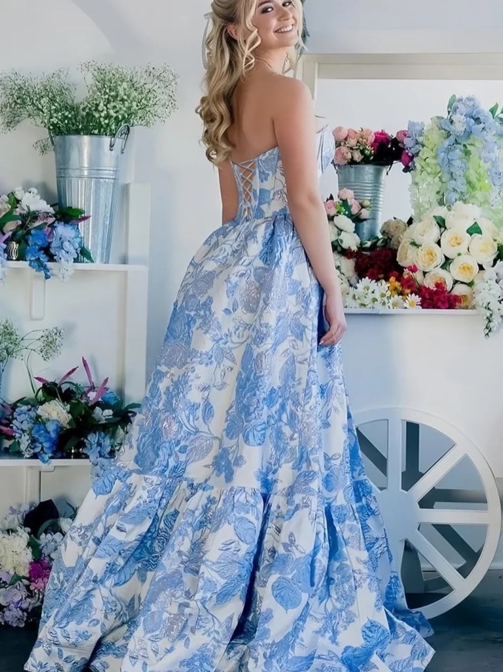 Backless Blue & White Floral Ball Gown Dress PROM